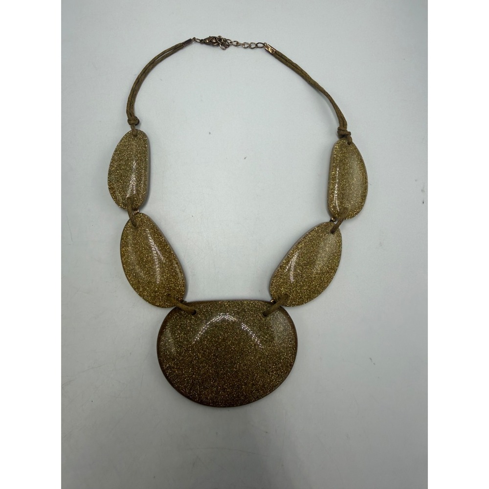Gold Glitter Resin Statement Necklace Chunky Pebble Link Bib Cord Bronze Tone